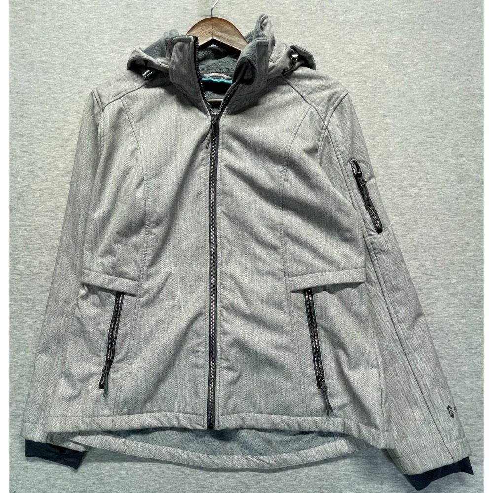 Free Country Super Softshell Jacket Womens L Gray Textured Fleece Lined Full Zip